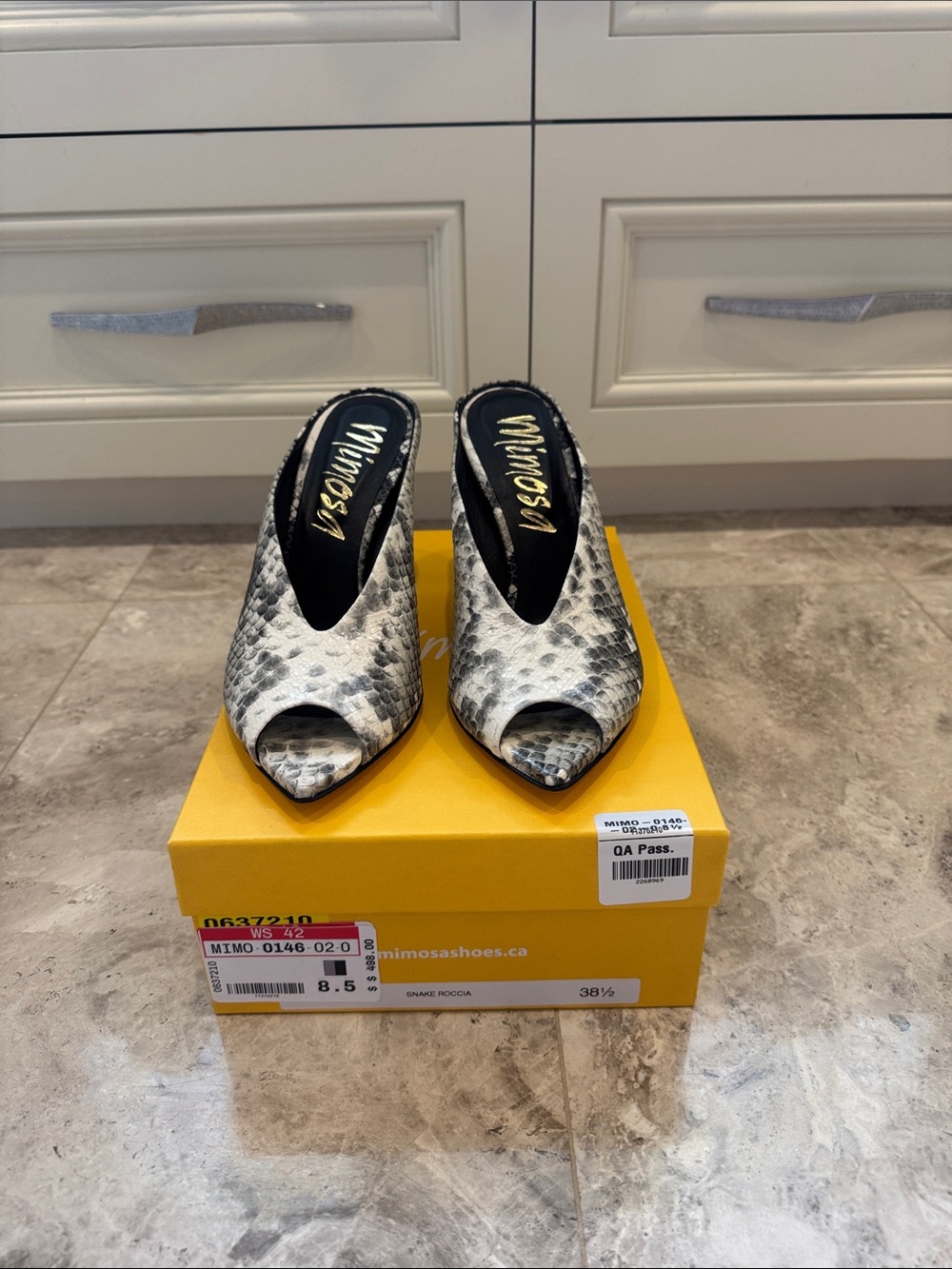 Mimosa Snake-Print Peep-Toe Mules in Gray and Black- never worn